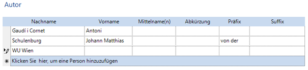 Die oben beschriebene Maske mit Feldern für die einzelnen Namensbestandteile. Es gibt ein Feld für Nachname, Vorname, Mittelname(n), Abkürzung, Präfix und Suffix.