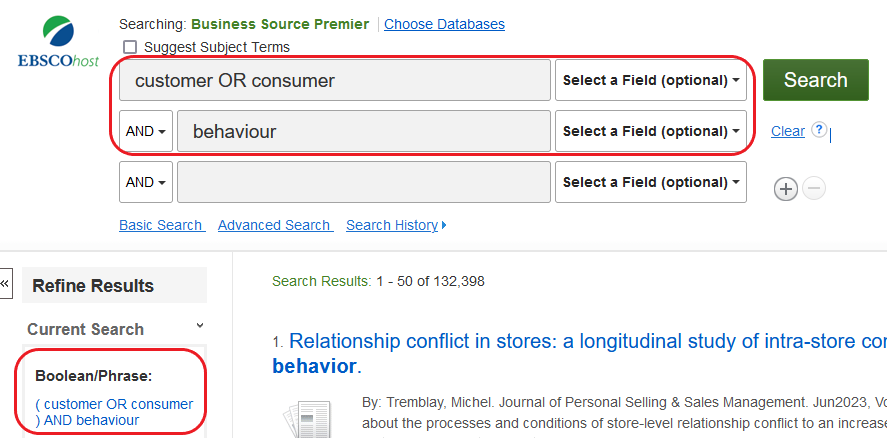 Screenshot from the EBSCO database. The example mentioned above was entered in the search bar. The "Boolean/Phrase" tab, which also contains the example search, is highlighted in the screenshot next to the list of results.