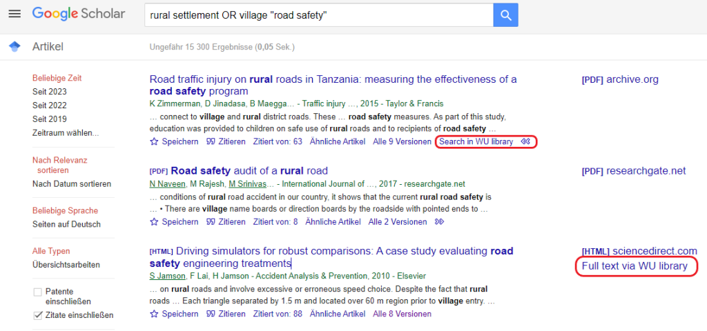 Ergebnisse der oben ausgeführten Suche in Google Scholar. Die Links „Search in WU library“ und “Full text via WU library” sind hervorgehoben.