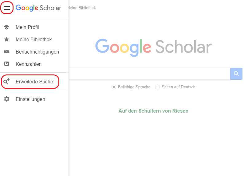 Das Aufklappmenü von Google Scholar wurde geöffnet, der Link zur Erweiterten Suche ist sichtbar und hervorgehoben.