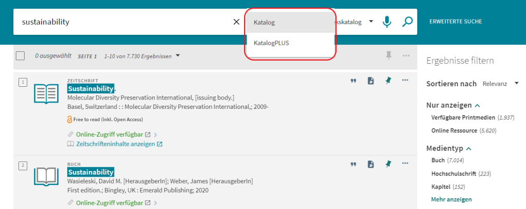 Die Suchmaske des WU Katalogs, der Reiter „Katalog“ ist angewählt, die Option „KatalogPlus“ ist ersichtlich.