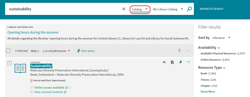 The search bar of the WU catolog, the tab “Catalog” is highlighted.