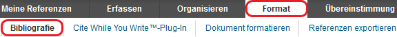 Menü von EndNote Web, die Überschrift „Format“ ist ausgewählt, die Unterüberschriften „Bibliografie“, „Cite While You Write-Plug-In“, „Dokument formatieren“ und „Referenzen exportieren“ sind sichtbar.