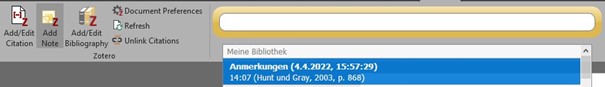 Der Zotero-Tab in MS Word. Die Schaltfläche „Add Note“ wurde ausgewählt.