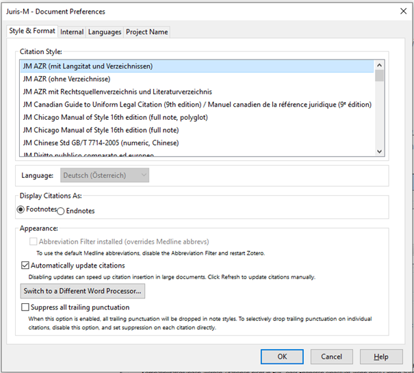 The „Document Preferences” window in Juris-M. In the section “Style & Format”, citation styles can be chosen from the list under the header “Citation Style”.