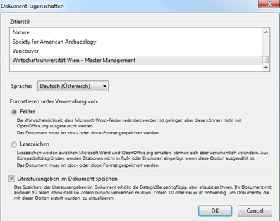 Das Zotero “Dokument-Eigenschaften”-Fenster. Unter „Zitierstil“ können die gewünschten Stile gewählt werden.