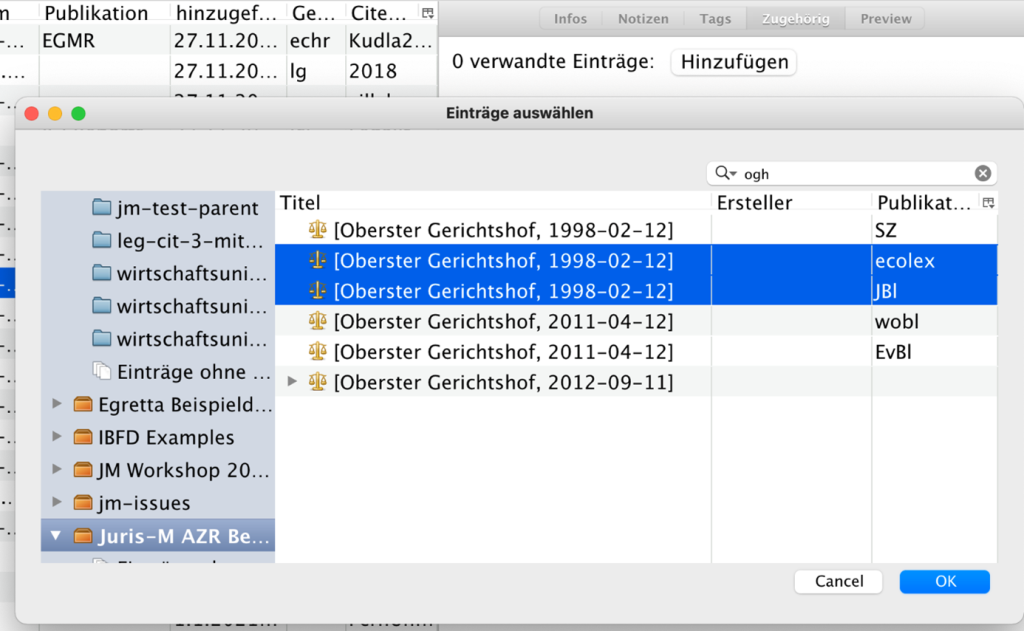 Das Fenster, das sich nach dem Klick auf den Reiter „Zugehörig“ öffnet. Hier können alle Paralleleinträge markiert werden. Durch Klicken auf „Ok“ werden diese dann als zugehörig markiert.