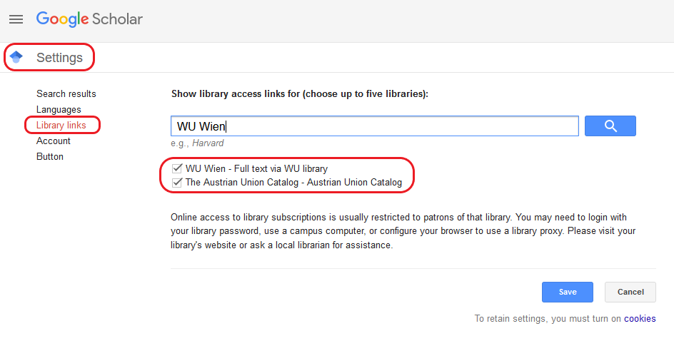 In the “Library links” tabs in the settings of Google Scholar, the options “WU Wien – Full text via WU library” and “The Austrian Union Catalog” are checked and active.
