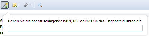 Das “Zauberstabsymbol” “Add Item(s) by Identifier” im Menü von Juris-M ist ausgewählt. In dem Suchfeld, welches sich öffnet, kann eine Standardnummer eingegeben werden.