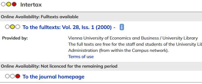 Title information of a journal. It states “Online availability: full texts available. To the full texts: Vol. 28, Iss. 1 (2000) -. Not licenced for the remaining period.“