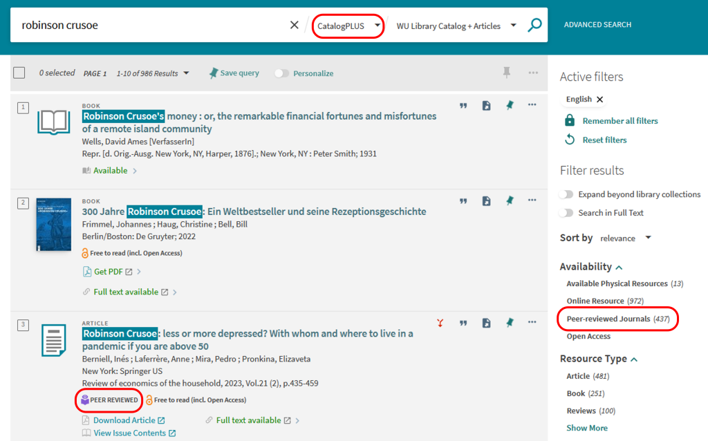 Search results in the WU CatalogPlus. The filter “Peer-reviewed Journals” on the right of the results is highlighted, as well as the “Peer reviewed” label on one of the search results.