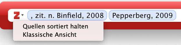 Im Zotero Zitierdialog kann durch Klicken auf das Zotero Logo zwischen „Quellen sortiert halten“ und der „Klassischen Ansicht“ gewechselt werden.