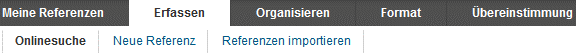 Menü von EndNote Web, die Überschrift „Erfassen“ ist ausgewählt, die Unterüberschriften „Onlinesuche“, „Neue Referenz“ und „Referenzen importieren“ sind sichtbar.