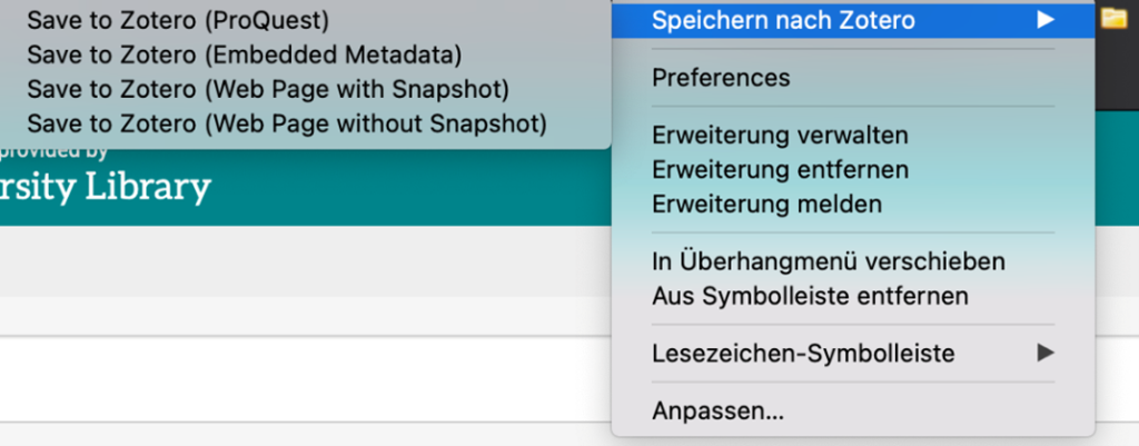 Das Logo des Zotero Browser-Plugins wurde angeklickt, die Option „Speichern nach Zotero“ wurde wie beschrieben ausgewählt und bietet die Möglichkeit, die Literaturdaten in verschiedenen Formen in Zotero abzuspeichern.