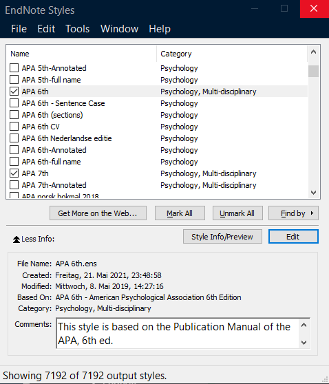 Der EndNote Style Manager. Darin befindet sich eine alphabetische Liste an verfügbaren Zitierstilen, die mit Klick auf die Box neben dem Stil aktiviert werden können.