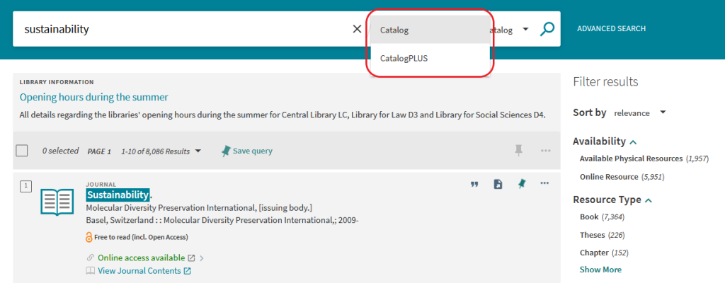 The search bar of the WU Catalog, the tab “Catalog” is selected, the option “CatalogPlus” is visible.