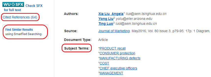 Screenshot of a resource in the database EBSCO. The link “Cited References”, the link “Find similar results” and the subject terms are highlighted.
