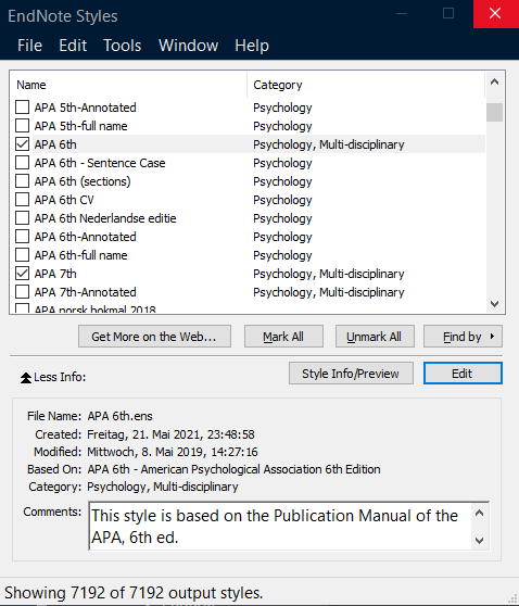 The EndNote Style Manager. It features an alphabetical list of available citation styles, which can be selected by checking the box to the left of desired style.