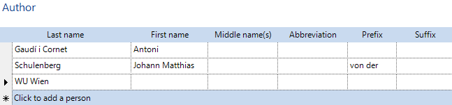 The name window described above, with fields for the different name components. There are fields for Last name, First name, Middle name(s), Abbreviation, Prefix and Suffix, respectively.