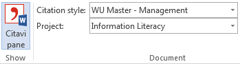 The section “Document” in the MS Word Citavi Tab is shown. In this section you can find the menu “Citation style”, where you can choose a style via drop down menu.