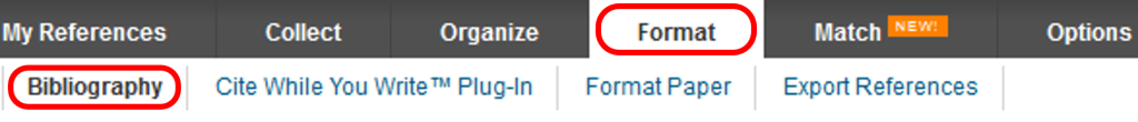 The menu in EndNote Web. The section “Format” is selected, the sub-headings “Bibliography”, “Cite While You Write Plug-In”, “Format Paper” and “Export References” are visible.