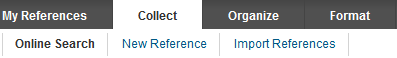 The menu in EndNote Web. The section “Collect” is selected, the sub-headings “Online Search”, “New Reference” and “Import References” are visible.