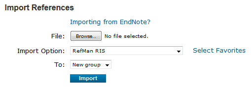 The “Import References” window in EndNote Web. A file can be selected by clicking the button “Browse…” next to “File”. Below, the option “RefMan RIS” is selected in the field “Import Option”. In the field “To”, a group can be selected. At the bottom of the window, the selection can be confirmed by clicking “Import”.