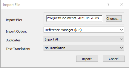 The “Import File” window in EndNote. In the “Import file” field, a document title is visible, which has been selected by clicking on the button “Choose…” to the right of the field. Below is the “Import Option” dropdown list, where the option “Reference Manager (RIS)” was chosen. At the bottom of the window, the selection can be confirmed by clicking “Import”.