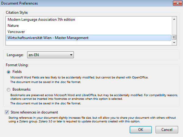 The „Document Preferences” window in Zotero. Citation styles can be chosen from the list under the header “Citation Style”.