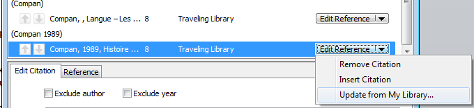 The “Edit Reference” menu was selected on the right of a reference in EndNote Web. A dropdown menu is displayed, the options “Remove Citation”, “Insert Citation” and “Update from My Library” are visible.