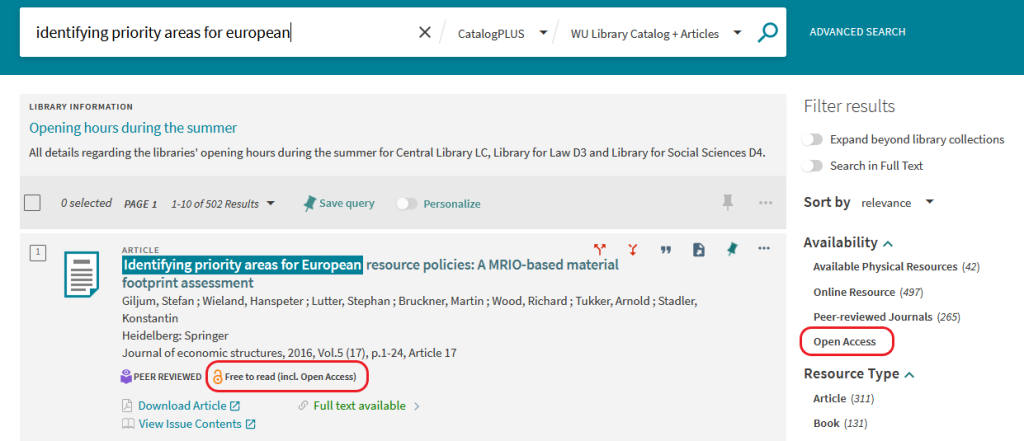 A result in the WU CatalogPlus, the label “free to read (incl. Open Access)” and the corresponding filter are highlighted.