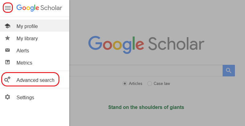 The drop-down menu on the top left of Google Scholar is open, the link to the advanced search is visible and highlighted.