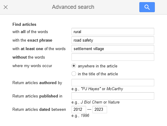 Advanced search of Google Scholar. The field “with all the words” contains “rural”, the field “with the exact phrase” contains “road safety”, the field “with at least one of the words” contains “settlement village”, the field “return articles dated between” contains “2012 – 2023”