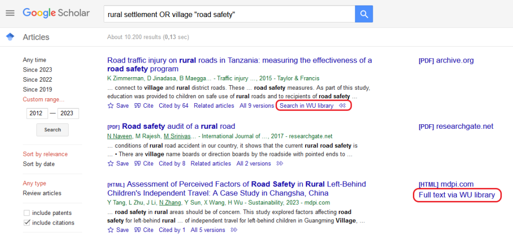 The search results of the query shown in the image above. The links “Search in WU library” and “Full text via WU library” are highlighted.
