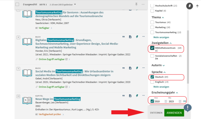Screenshot von dem WU Katalog. Filter für Zweigstellen, Sprache und Erscheinungsjahr sind aktiviert und hervorgehoben.