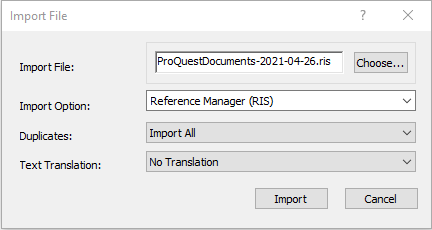 Das „Import file“ Fenster in EndNote. Im Feld „Import File“ befindet sich ein Dokumenttitel, der mit Klick auf den Button „Choose…“ rechts neben dem Feld ausgewählt wurde. Darunter befindet sich die Drop-Down Liste „Import Option“, hier wurde die Option „Reference Manager (RIS)“ gewählt. Unten im Fenster kann mit Klick auf „Import“ bestätigt werden.