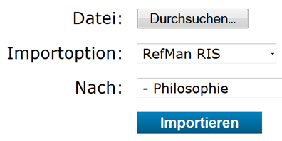 Das „Referenzen importieren“ Fenster in EndNote Web. Über den Button „Durchsuchen“ neben „Datei“ kann eine Datei gewählt werden. Darunter ist im Feld „Importoption“ die Option „RefMan RIS“ gewählt worden. Im Feld „Nach:“ wurde die Gruppe „Philosophie“ ausgewählt. Darunter kann mit dem Button „Importieren“ bestätigt werden.