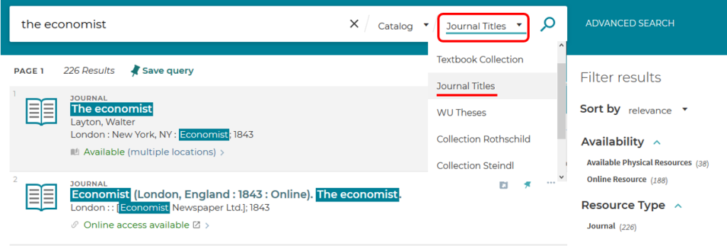 In the search bar of the WU Catalog, the tab “Journal Titles” is visible and highlighted.