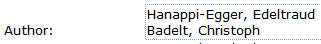 Das “Author” Feld in EndNote Web. Darin steht „Hanappi-Egger, Edeltraud“ in der ersten Zeile, und in der nächsten „Badelt, Christoph“.
