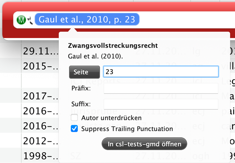 Die Funktion „Suppress Trailing Punctuation” kann durch Setzen eines Häkchens im Bearbeitungsmenü des Zitats aktiviert werden. Das Menü kann durch Klicken auf den Namen im Zitat geöffnet werden.