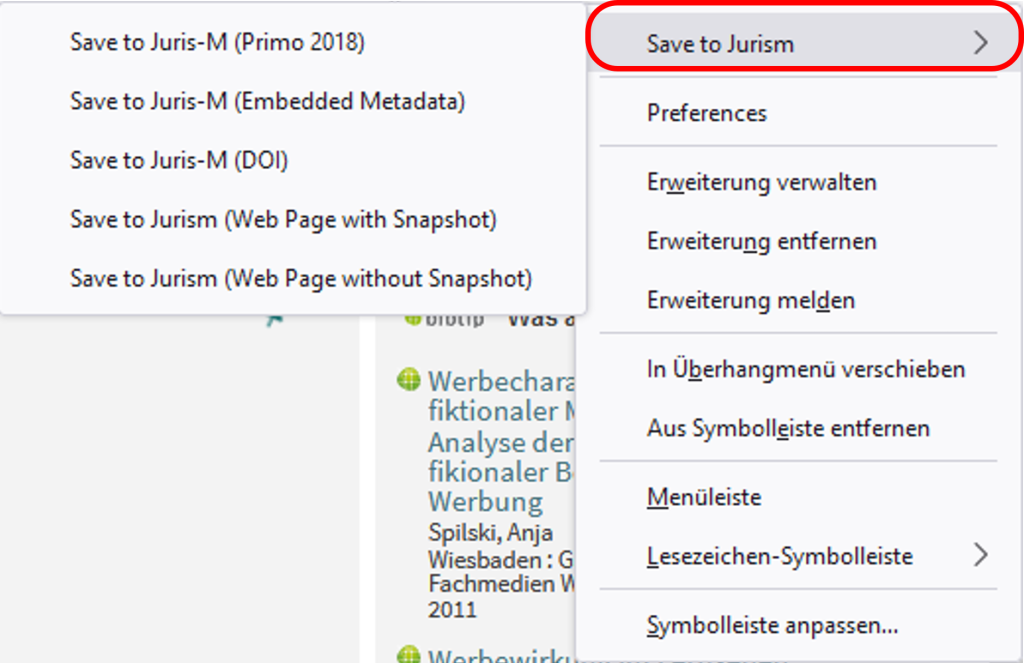 Das Logo des Juris-M Browser-Plugins wurde angeklickt, die Option „Save to Jurism“ wurde wie beschrieben ausgewählt und bietet die Möglichkeit, die Literaturdaten in verschiedenen Formen in Juris-M abzuspeichern.