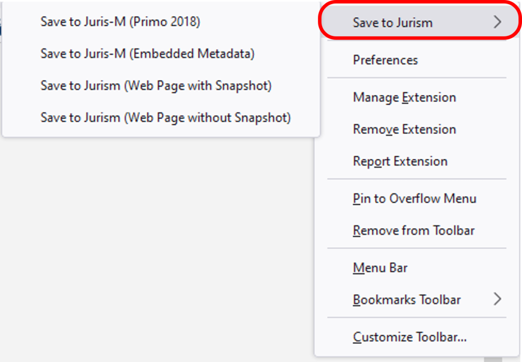 The logo of the Juris-M browser plugin was clicked and the option „Save to Jurism“ selected as described. It is now possible to save the bibliographic data in a number of different formats.