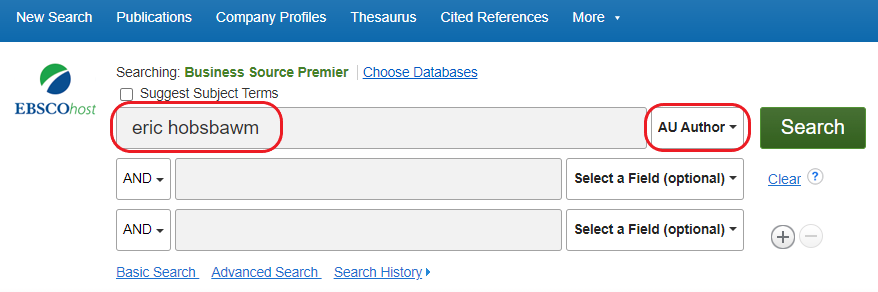 In der erweiterten Suche der Datenbank EBSCO ist der Suchfilter „AU Author“ ausgewählt. Im Suchfeld wurde der Name „eric hobsbawm“ eingegeben.